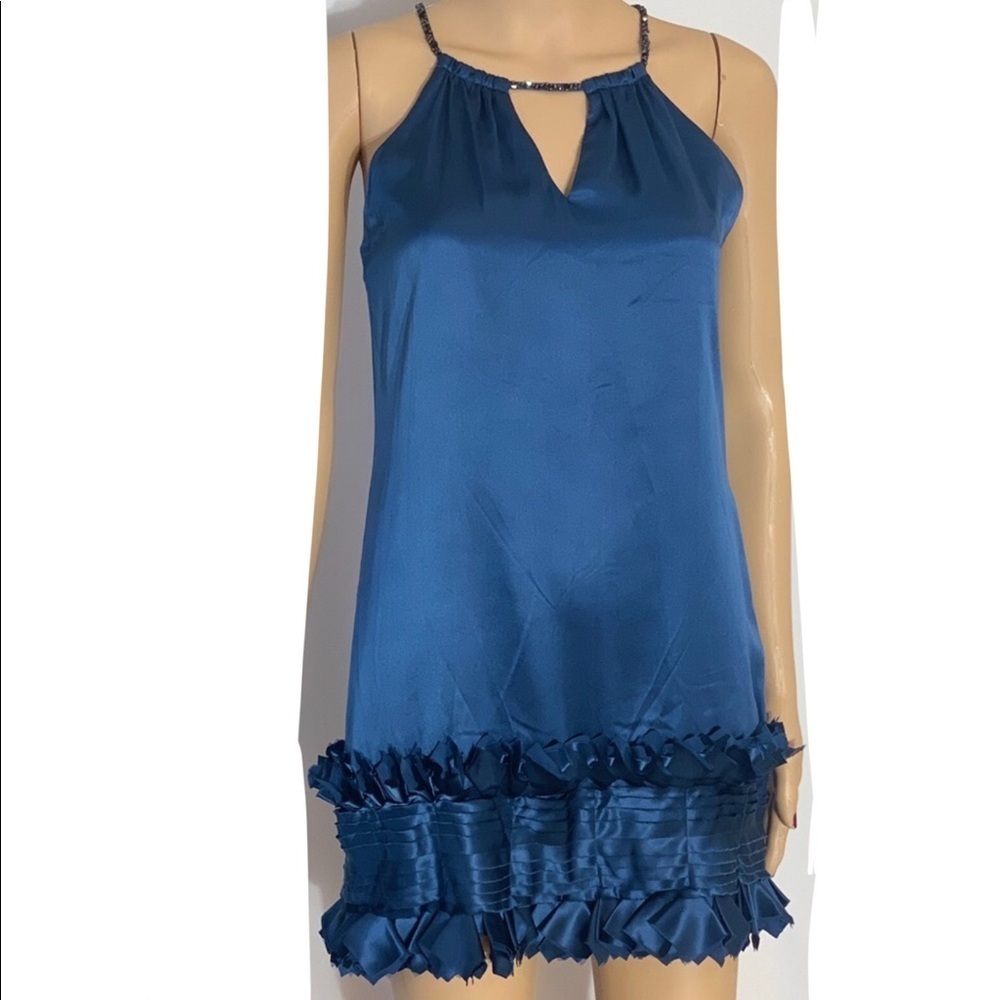 🔥 BCBGMaxazria dark blue silk racerback dress, jeweled tie strap. S6